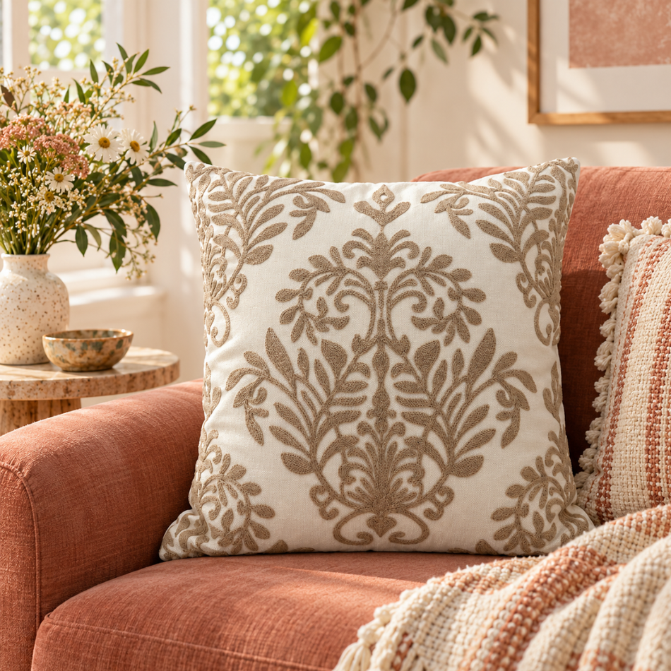 Embroidered Damask Cushion Cover 45 x 45cm Taupe and Cream