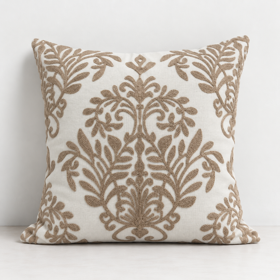 Embroidered Damask Cushion Cover 45 x 45cm Taupe and Cream
