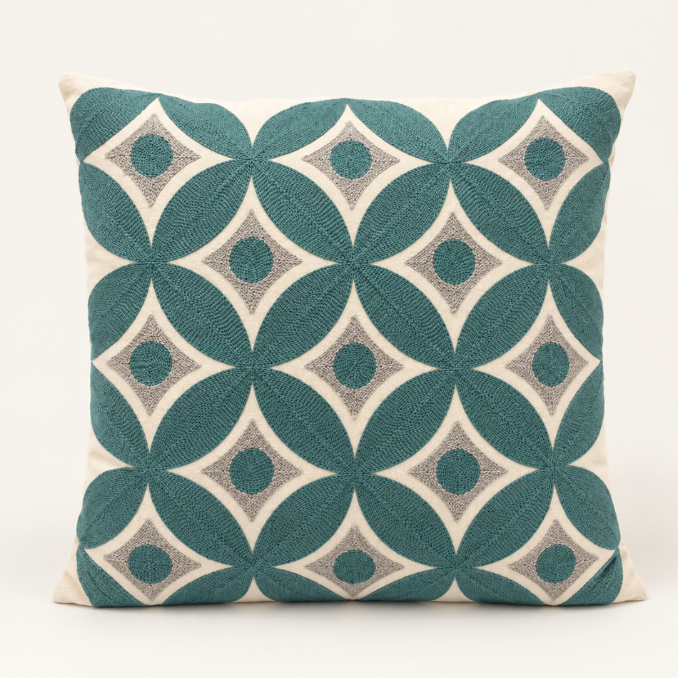 Embroidered Geometric Circle Cushion Cover 45 x 45cm Teal and Cream