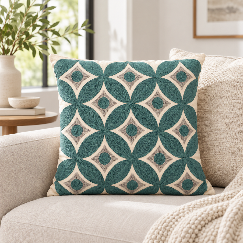 Embroidered Geometric Circle Cushion Cover 45 x 45cm Teal and Cream
