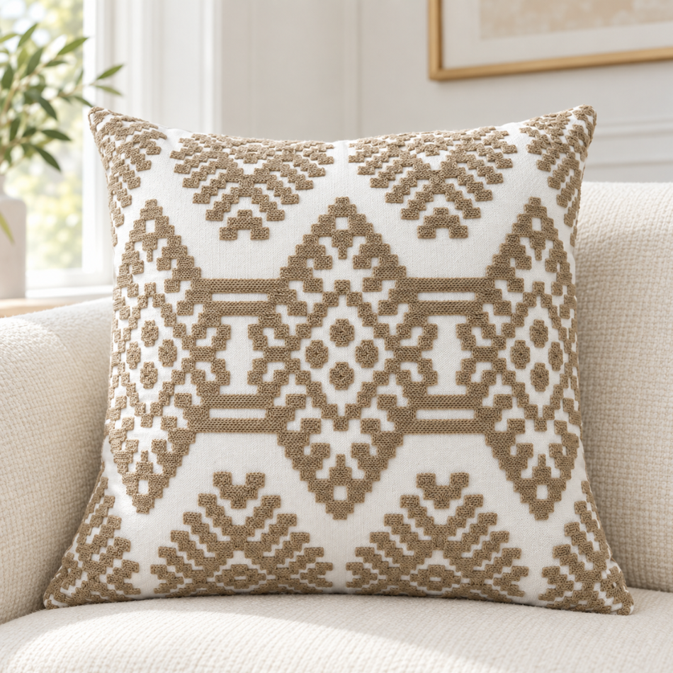 Embroidered Kilim Pattern Cushion Cover 45 x 45cm Taupe and Cream