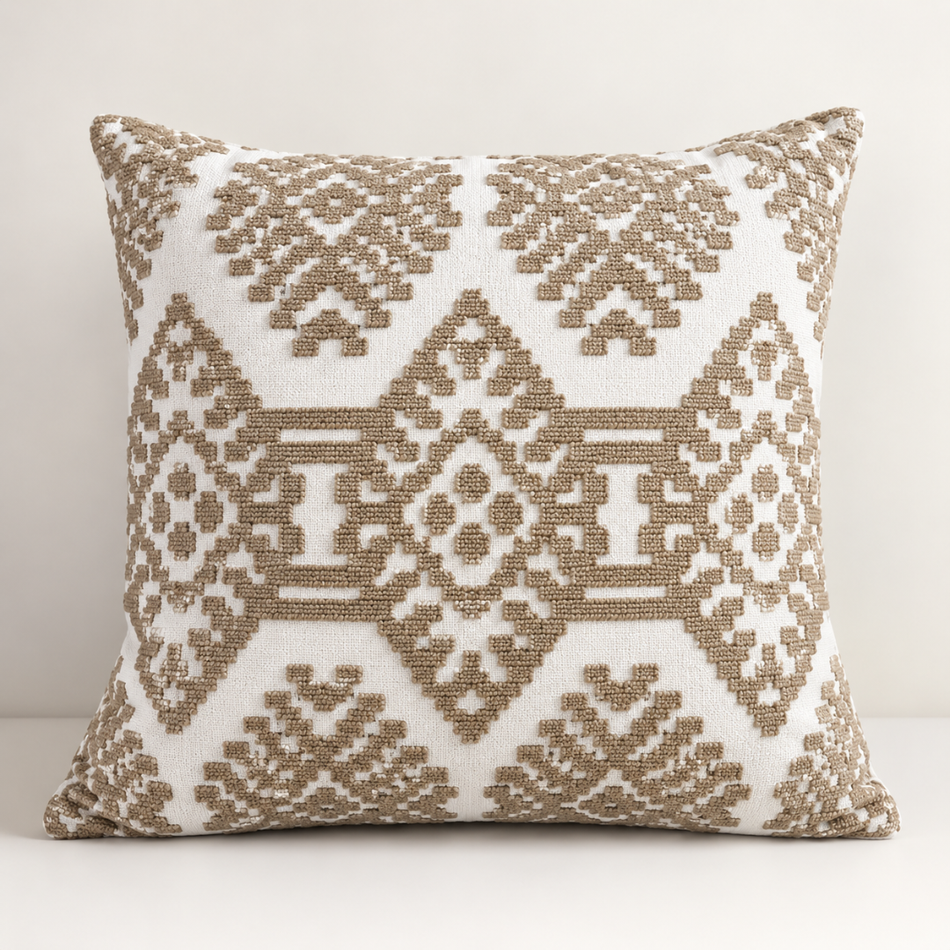 Embroidered Kilim Pattern Cushion Cover 45 x 45cm Taupe and Cream
