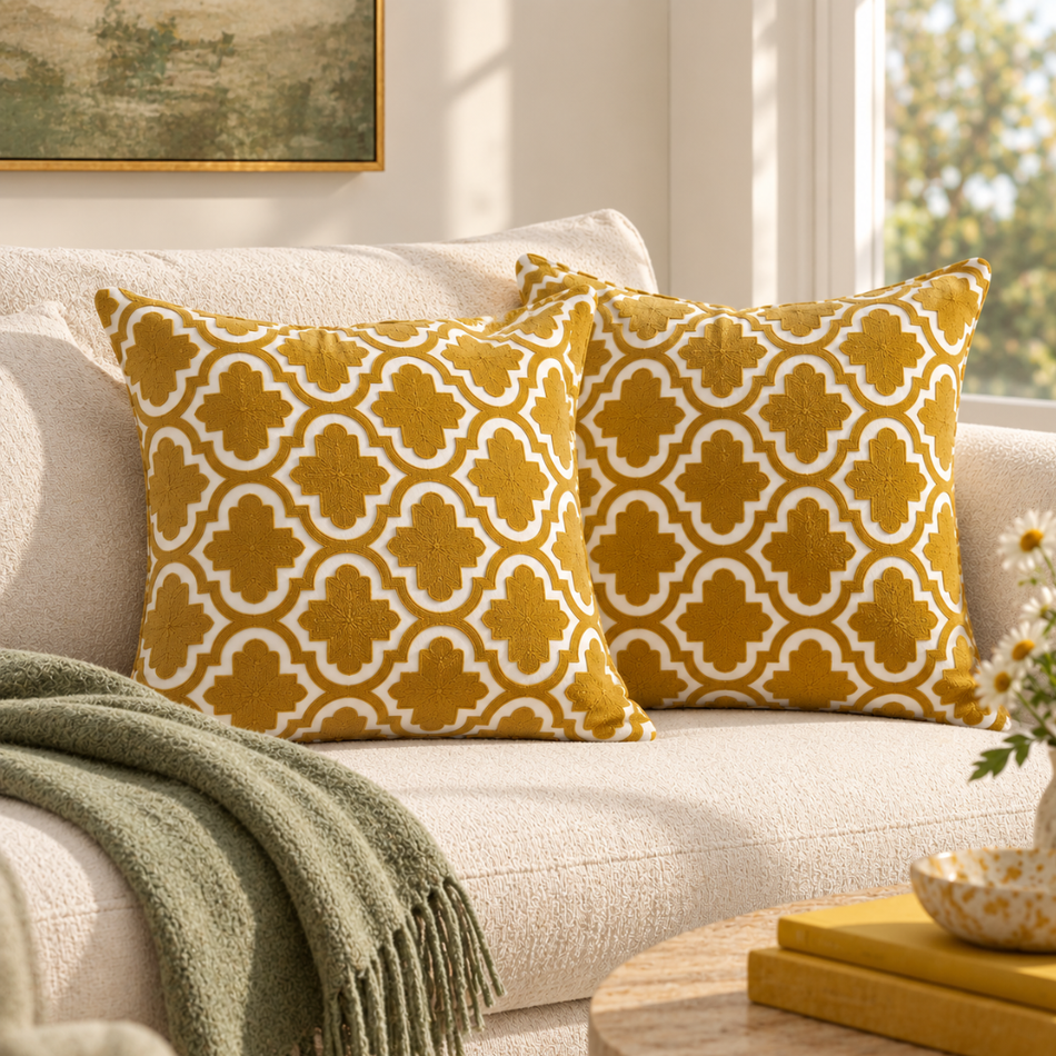 Embroidered Quatrefoil Cushion Cover 45 x 45cm Mustard and Cream