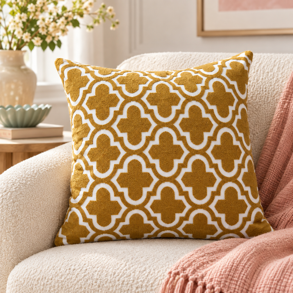 Embroidered Quatrefoil Cushion Cover 45 x 45cm Mustard and Cream