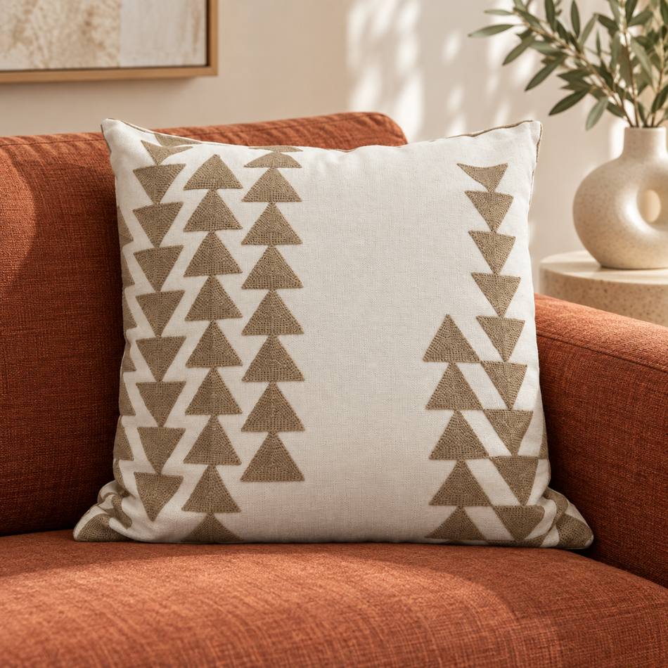 Embroidered Triangle Cushion Cover 45 x 45cm Cream and Taupe