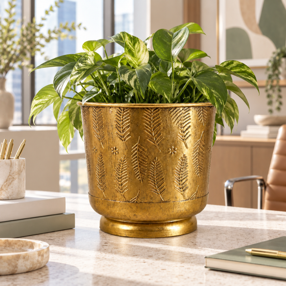 Engraved Gold Office Planter Pot 21cm Metal Plant Pot