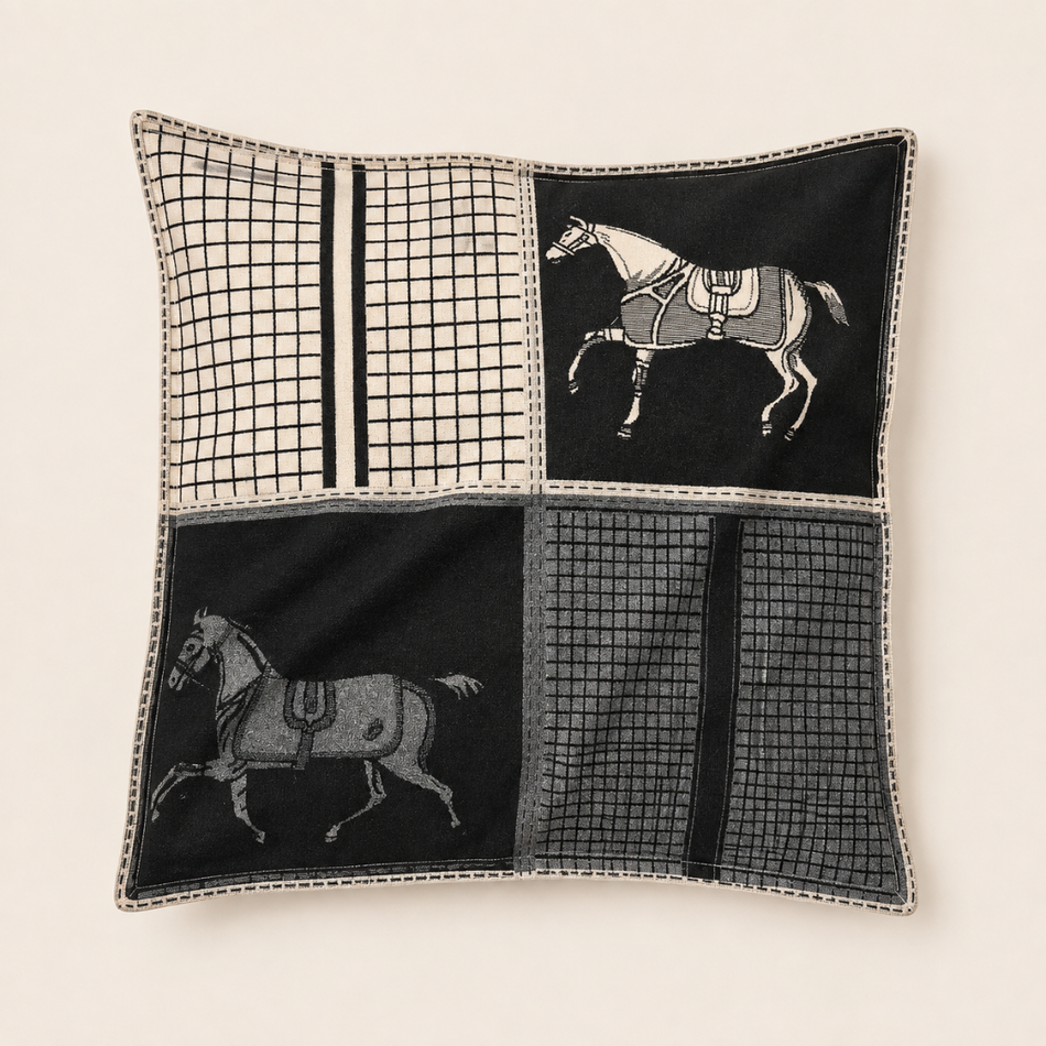 Equestrian Horse Wool-Blend Cushion Cover 50x50cm – Charcoal & Cream