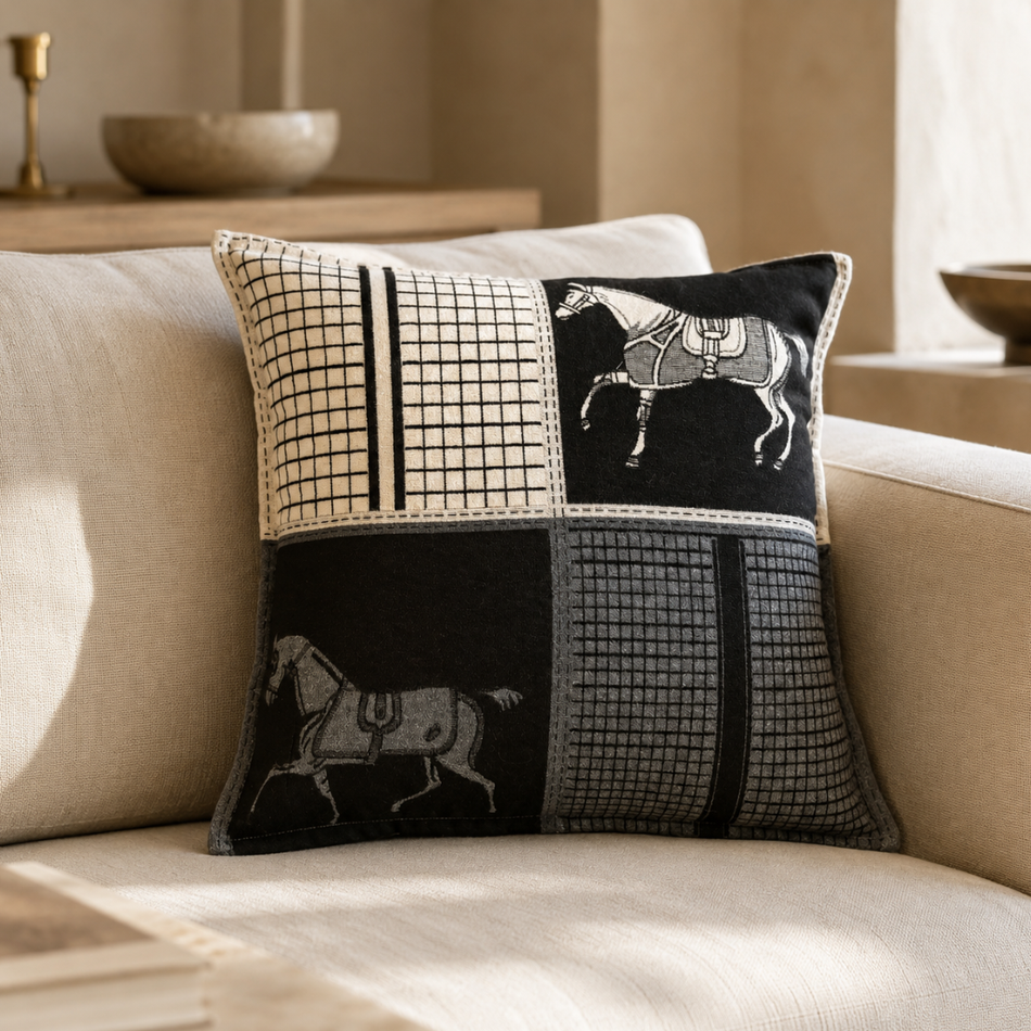 Equestrian Horse Wool-Blend Cushion Cover 50x50cm – Charcoal & Cream
