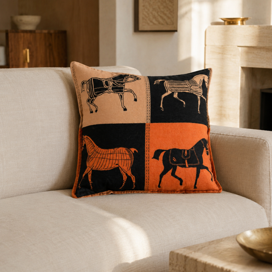 Equestrian Horse Wool-Blend Cushion Cover 50 x 50cm –  Orange and Tan