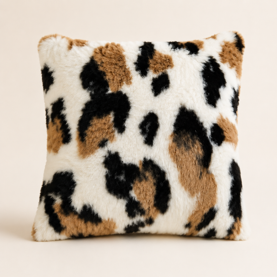 Faux Fur Cushion Cover 45 x 45cm Cream Brown and Black Spot