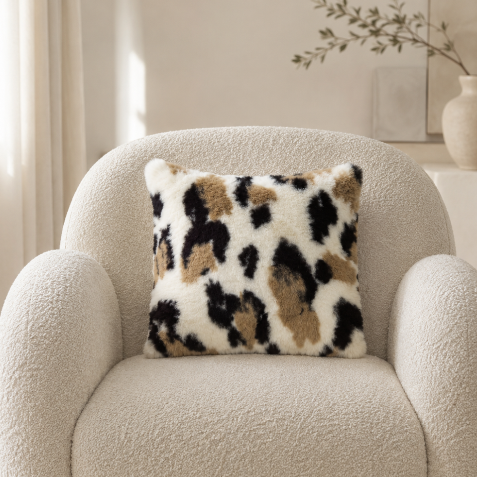 Faux Fur Cushion Cover 45 x 45cm Cream Brown and Black Spot