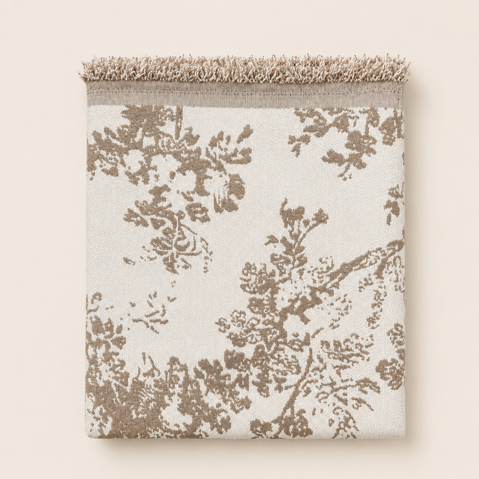Floral Tree Fringed Throw Blanket - Cream and Camel