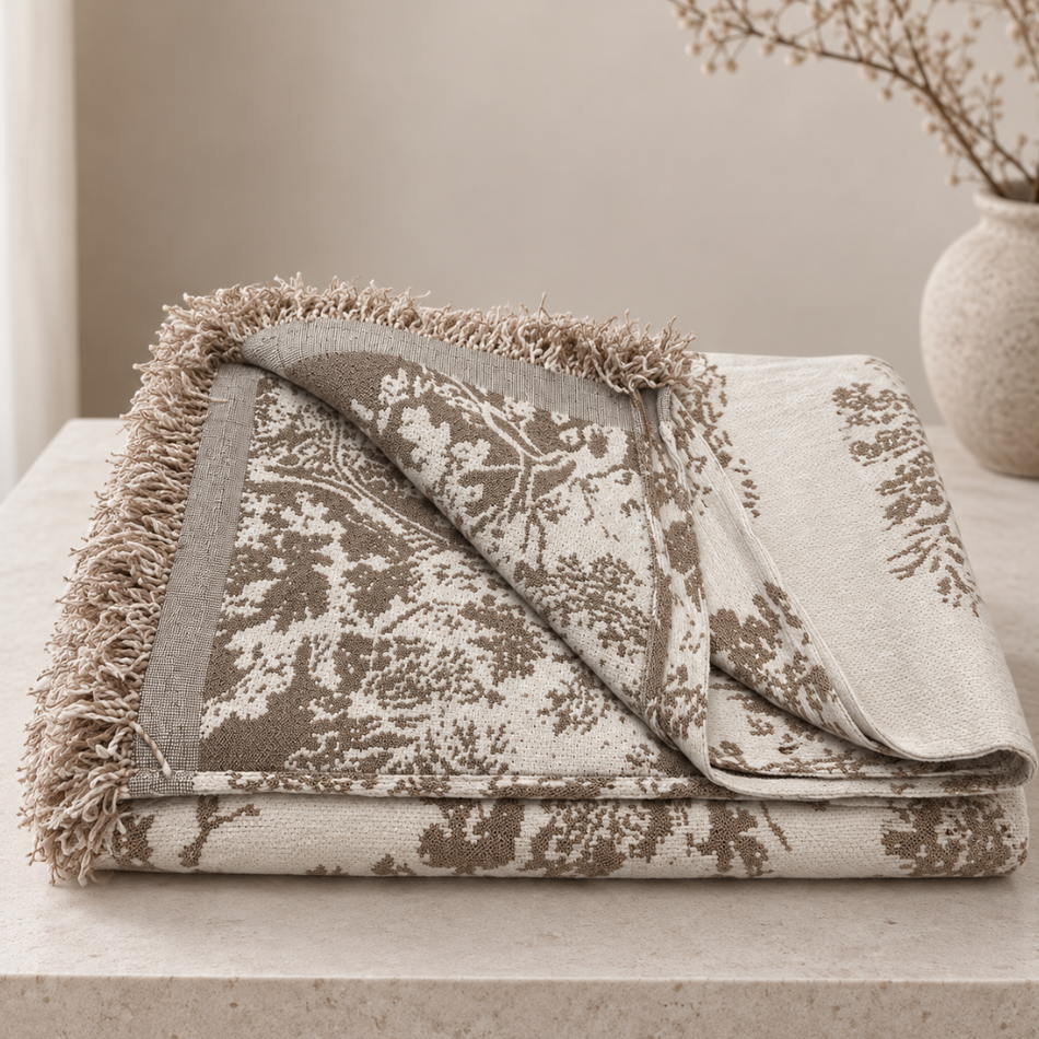 Floral Tree Fringed Throw Blanket - Cream and Camel