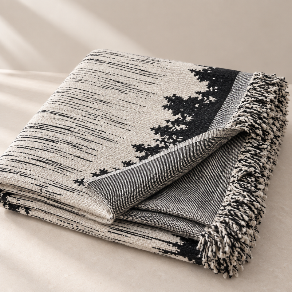 Forest Silhouette Fringed Throw Blanket - Cream and Black