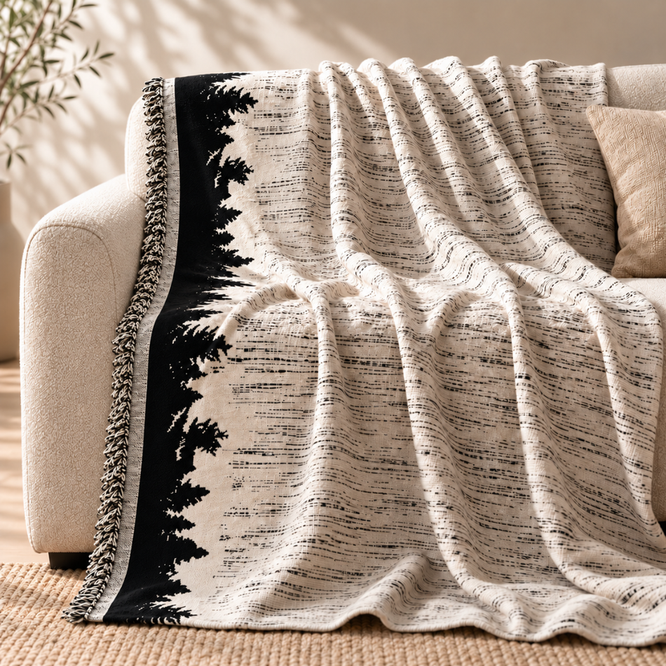 Forest Silhouette Fringed Throw Blanket - Cream and Black