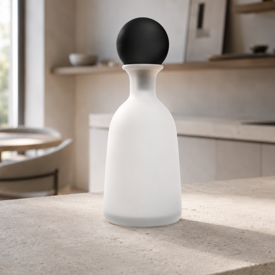 Frosted White Glass Bottle Vase with Black Ball Stopper 33cm – Decorative Bottle