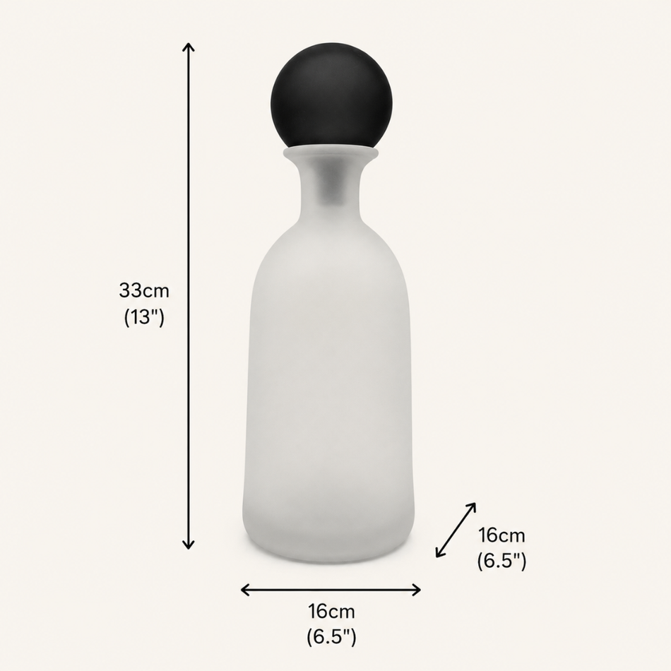 Frosted White Glass Bottle Vase with Black Ball Stopper 33cm – Decorative Bottle