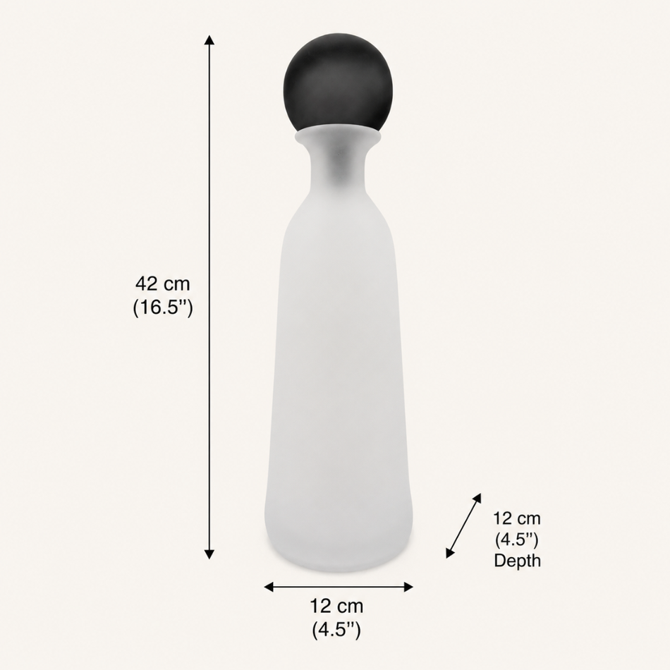 Frosted White Glass Bottle Vase with Black Ball Stopper 42cm – Decorative Bottle