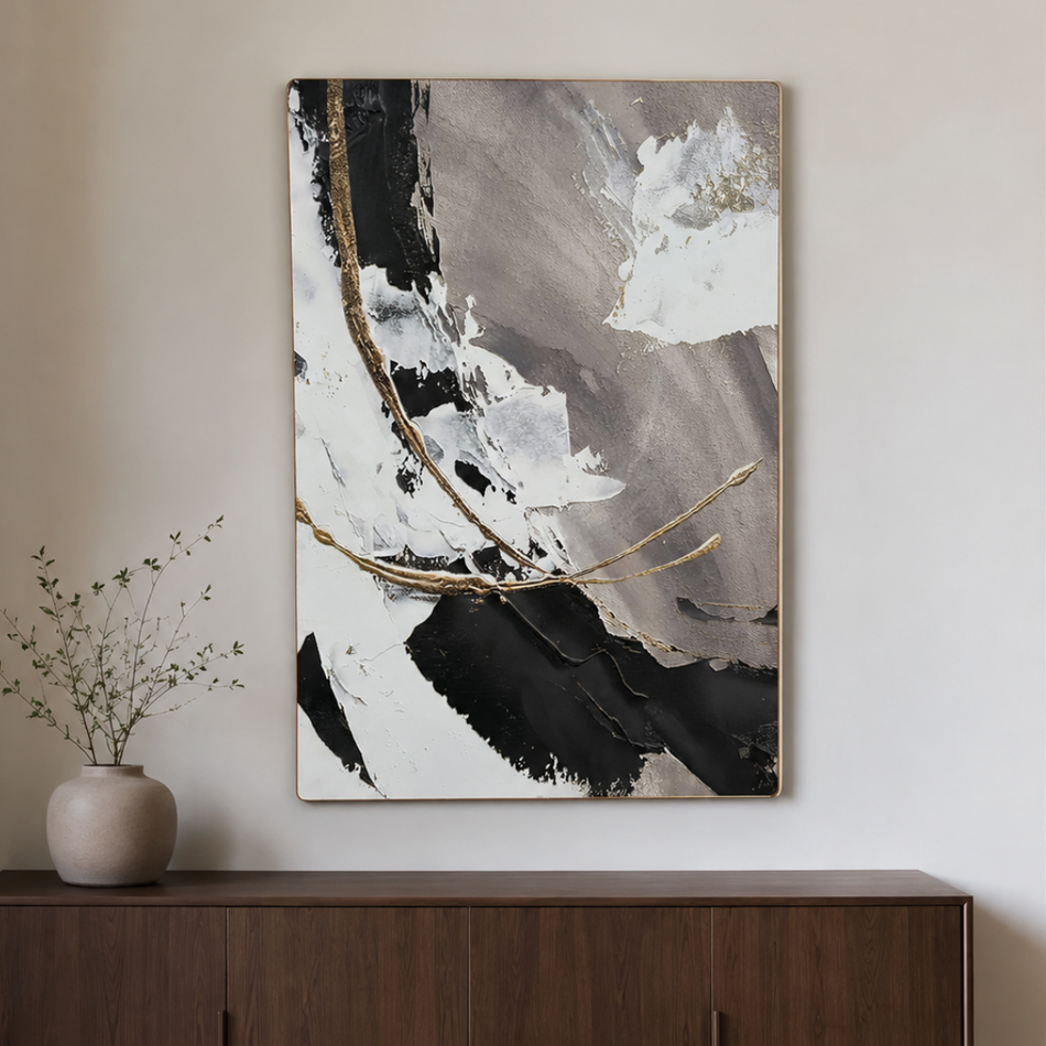 Gilded Abstract Sculpted Framed Wall Art 60 x 90cm Charcoal and Gold