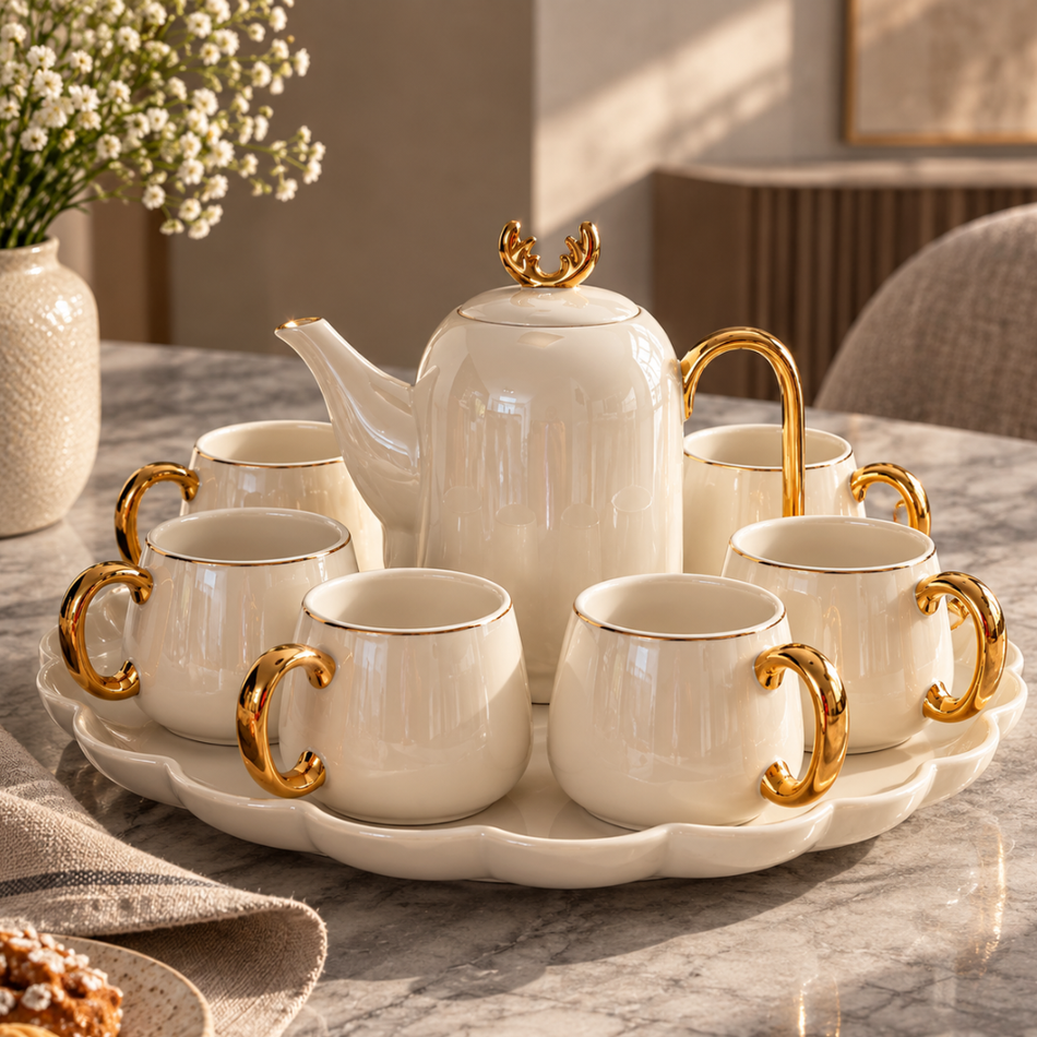 White & Gold Porcelain Tea Set for 6 with Teapot and Rotating Tray