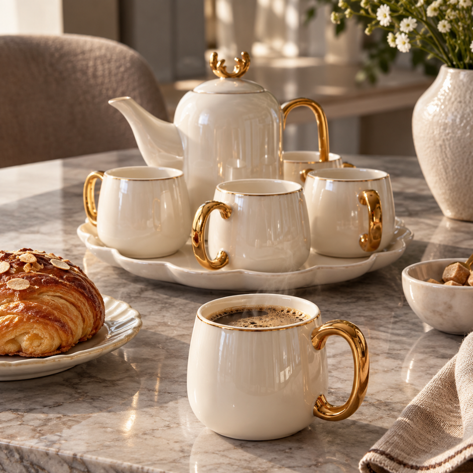 White & Gold Porcelain Tea Set for 6 with Teapot and Rotating Tray
