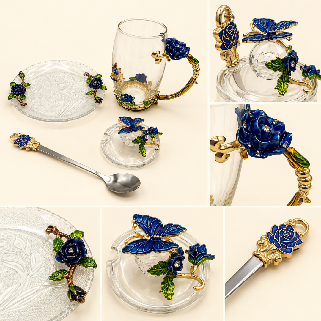 Glass tea cup, lid, saucer and spoon with metal blue rose flowers shown separately