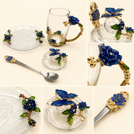 Glass tea cup, lid, saucer and spoon with metal blue rose flowers shown separately