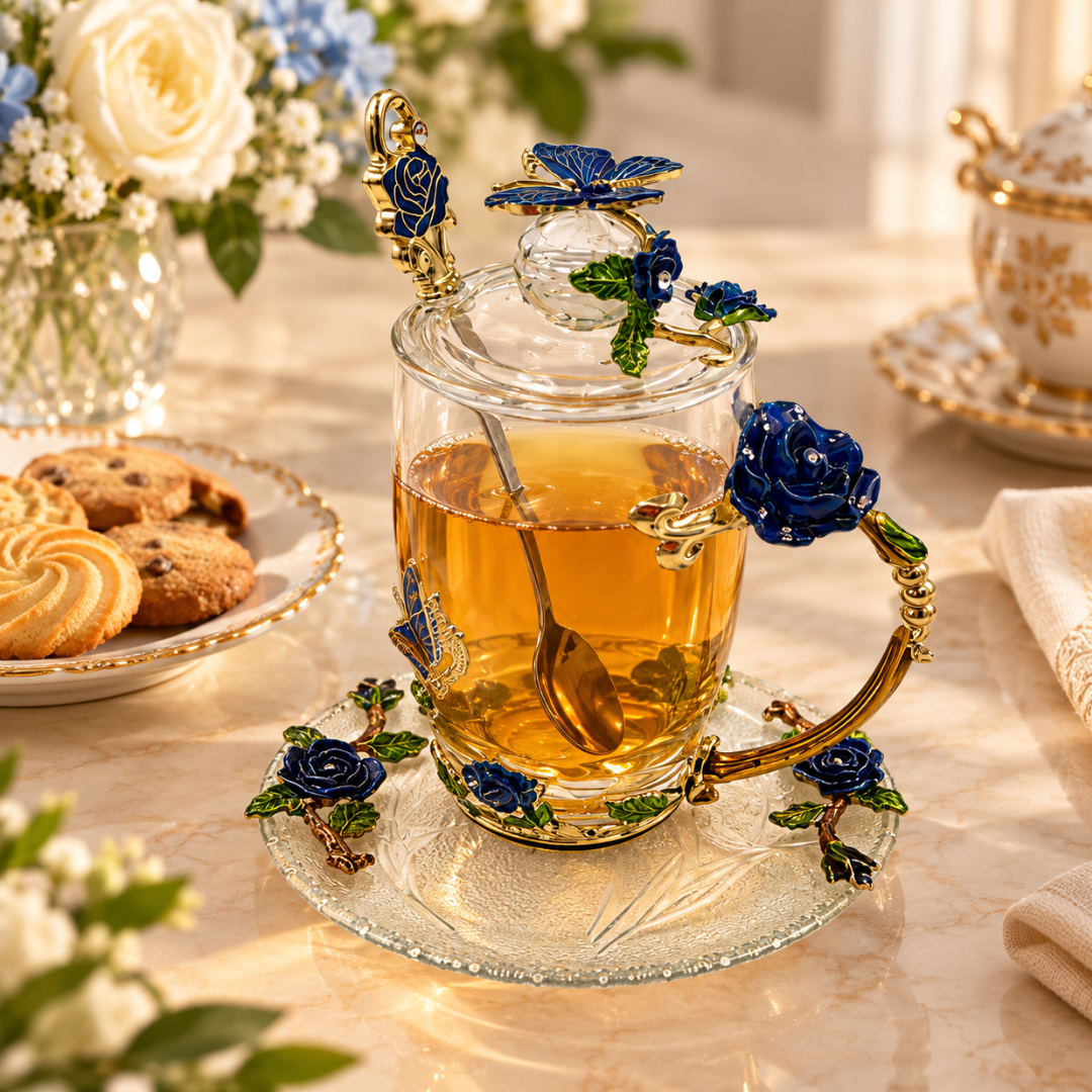Glass tea cup with metal blue rose flowers filled with tea on a saucer, styled on a table
