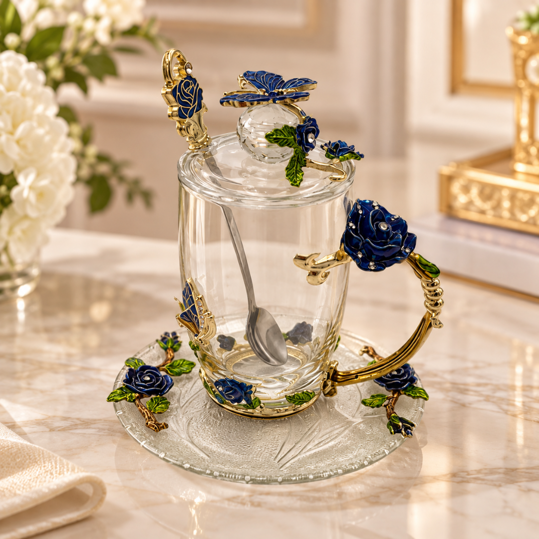 Glass tea cup and saucer set with metal blue roses and a blue butterfly, lid and spoon, on a marble table