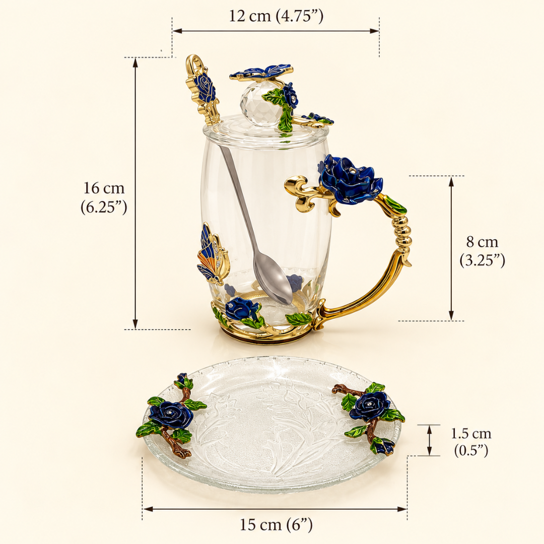 Glass tea cup and saucer dimensions: cup 16cm tall, 12cm wide including handle; saucer 15cm