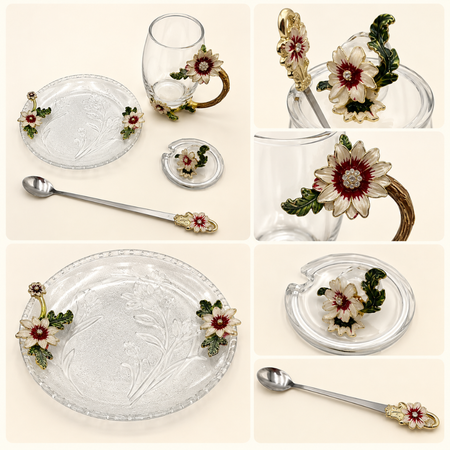 Glass tea cup, lid, saucer and spoon with metal pink and gold flowers shown separately