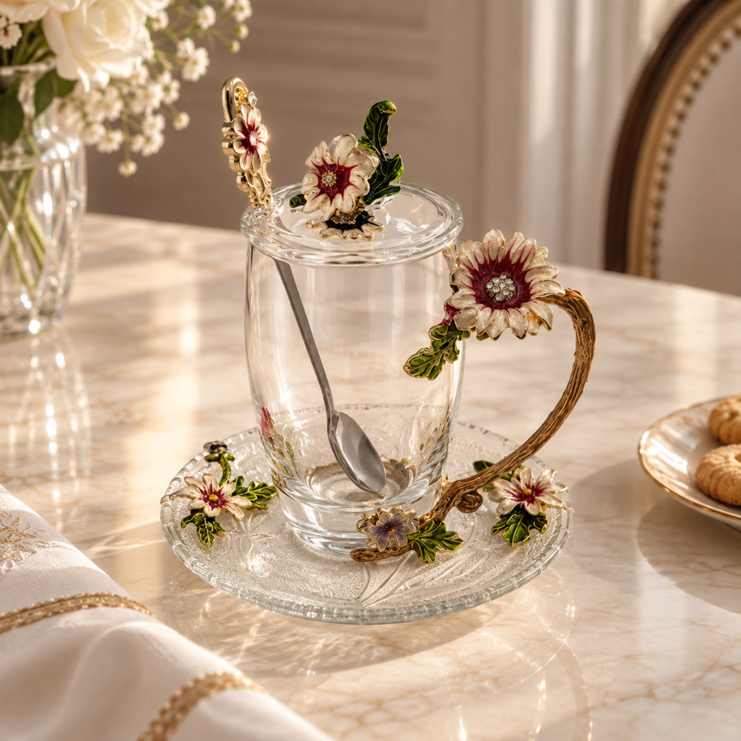 Glass tea cup with metal pink and gold flowers filled with tea on a saucer, styled on a table