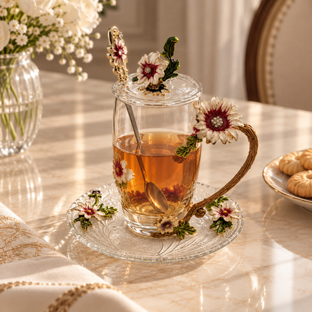 Glass tea cup and saucer set with metal pink and gold flowers with green leaves, lid and spoon, on a marble table