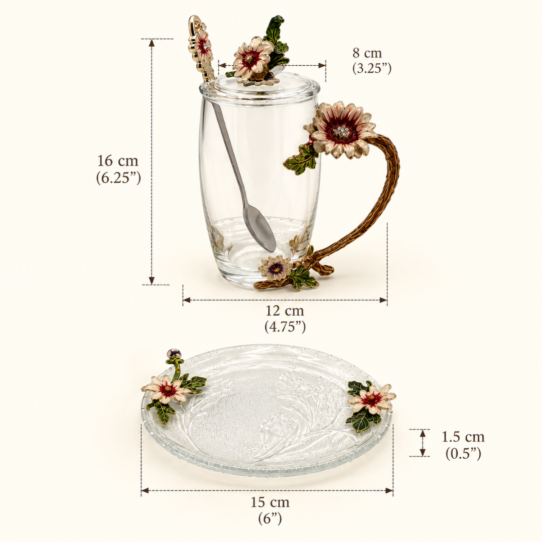 Glass tea cup and saucer dimensions: cup 16cm tall, 12cm wide including handle; saucer 15cm