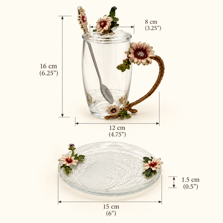 Glass tea cup and saucer dimensions: cup 16cm tall, 12cm wide including handle; saucer 15cm