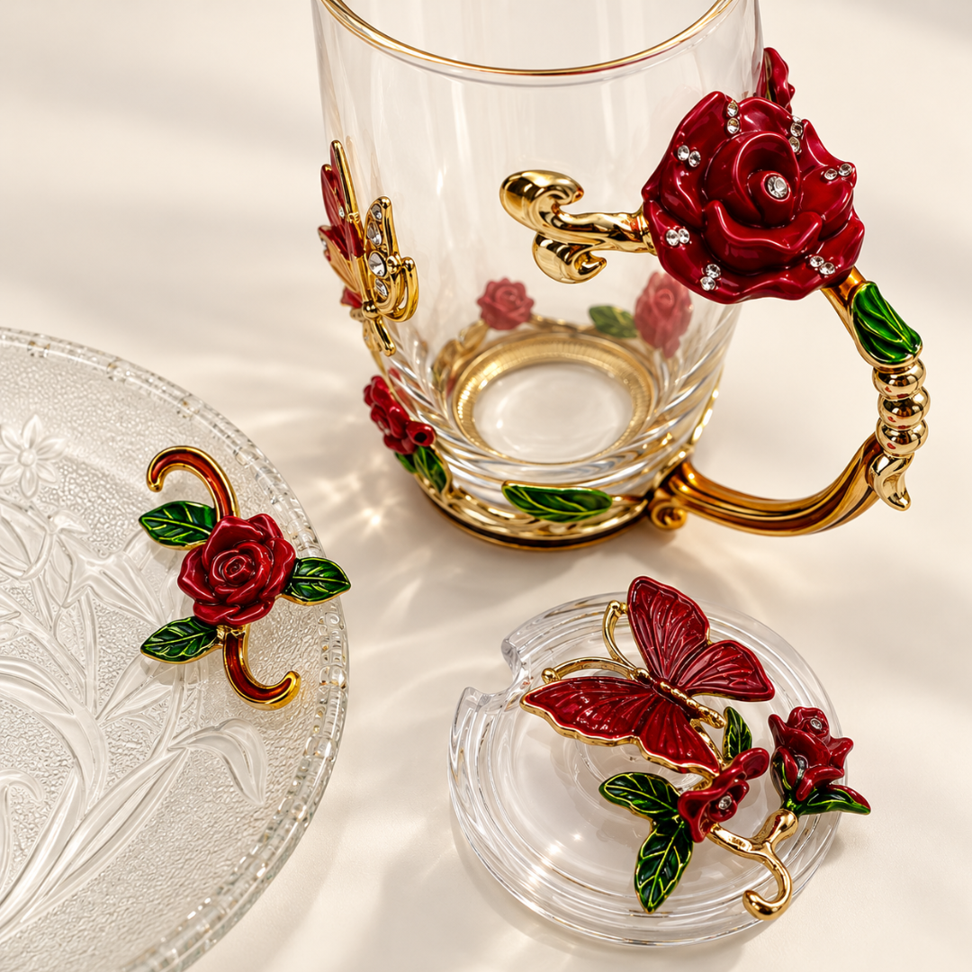 Close-up of the metal red rose flower handle and decoration on the glass tea cup
