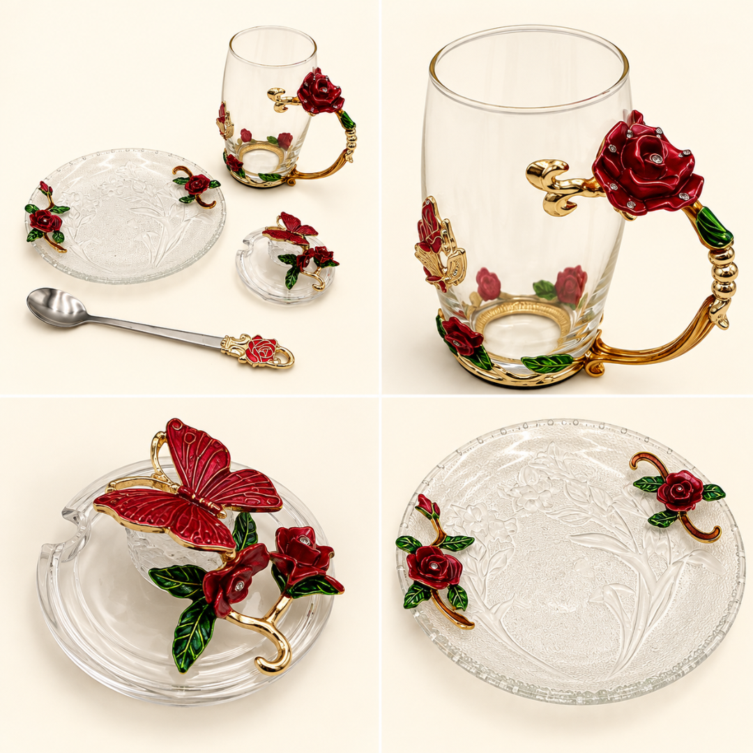 Glass tea cup, lid, saucer and spoon with metal red rose flowers shown separately