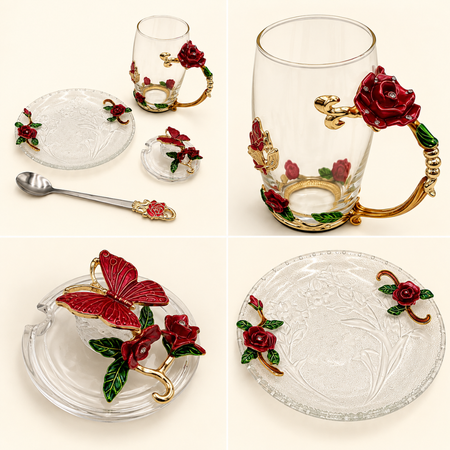 Glass tea cup, lid, saucer and spoon with metal red rose flowers shown separately