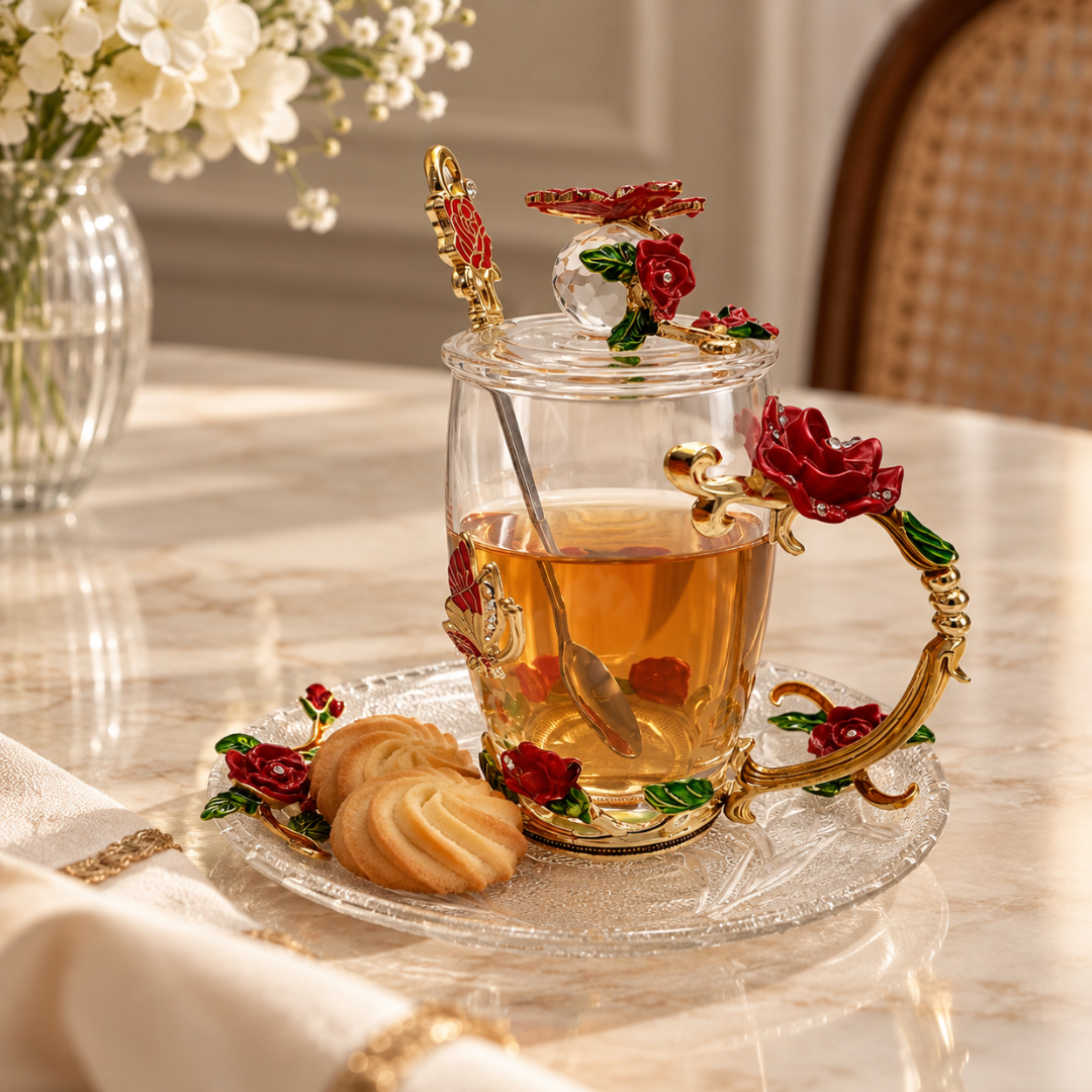 Glass tea cup with metal red rose flowers filled with tea on a saucer, styled on a table