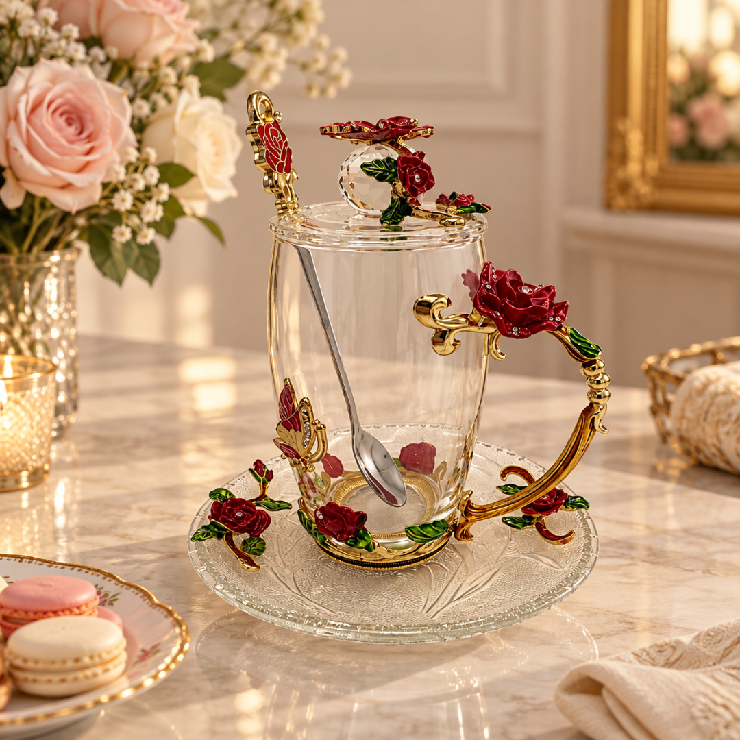 Glass tea cup and saucer set with metal red roses and a red butterfly, lid and spoon, on a marble table