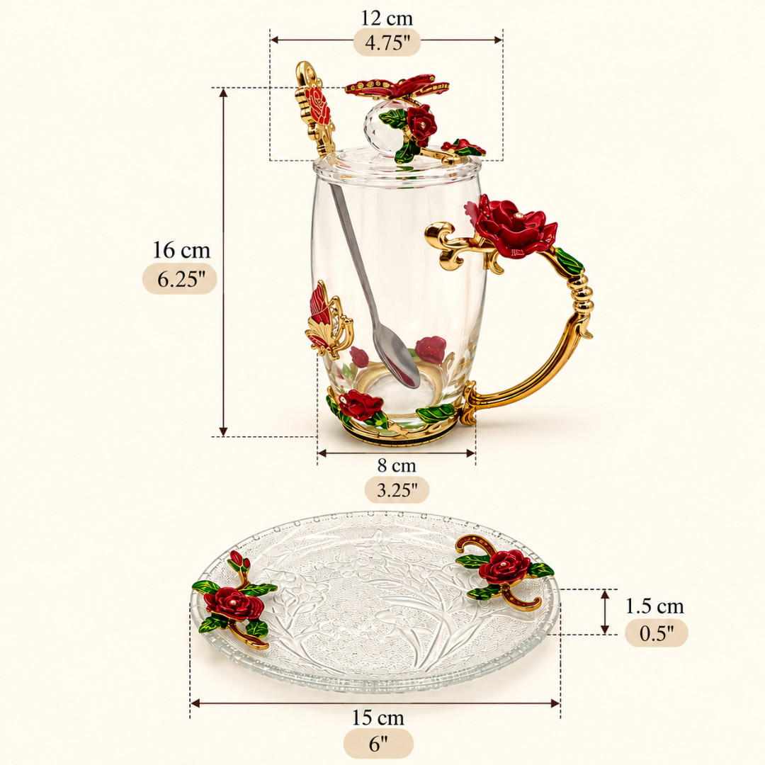 Glass tea cup and saucer dimensions: cup 16cm tall, 12cm wide including handle; saucer 15cm