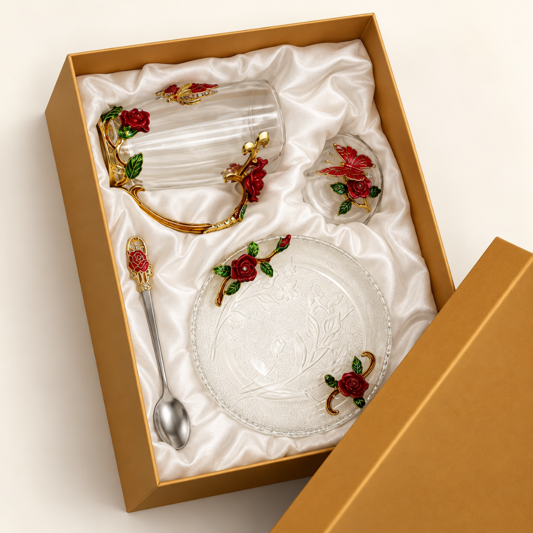 Glass tea cup and saucer set with metal red rose flowers in its lined gift box