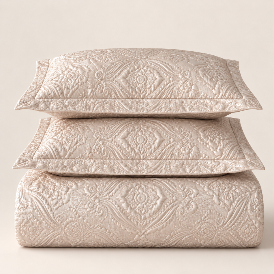Glossy Damask Bedspread Set with 2 Pillow Shams 250 x 230cm Beige