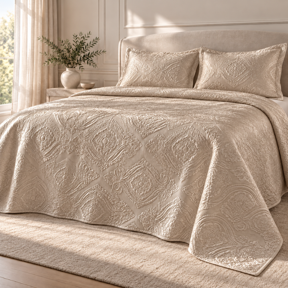 Glossy Damask Bedspread Set with 2 Pillow Shams 250 x 230cm Beige