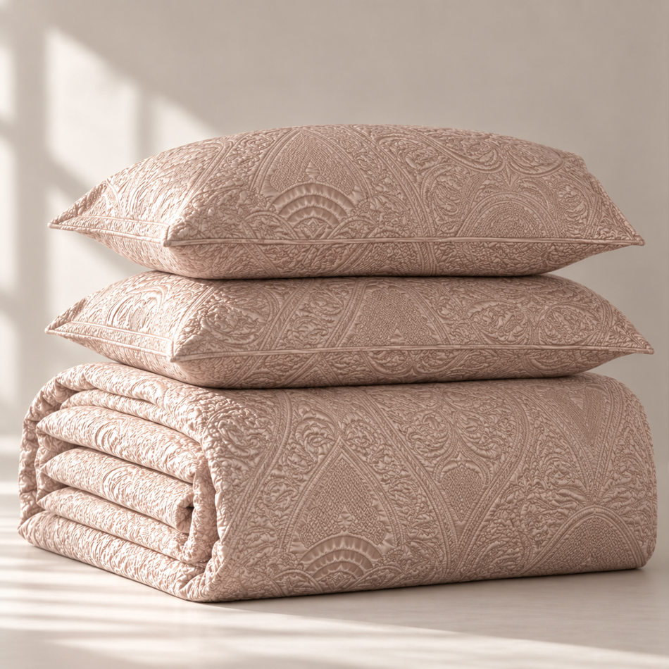 Glossy Paisley Bedspread Set with 2 Pillow Shams 250 x 230cm Dusty Pink