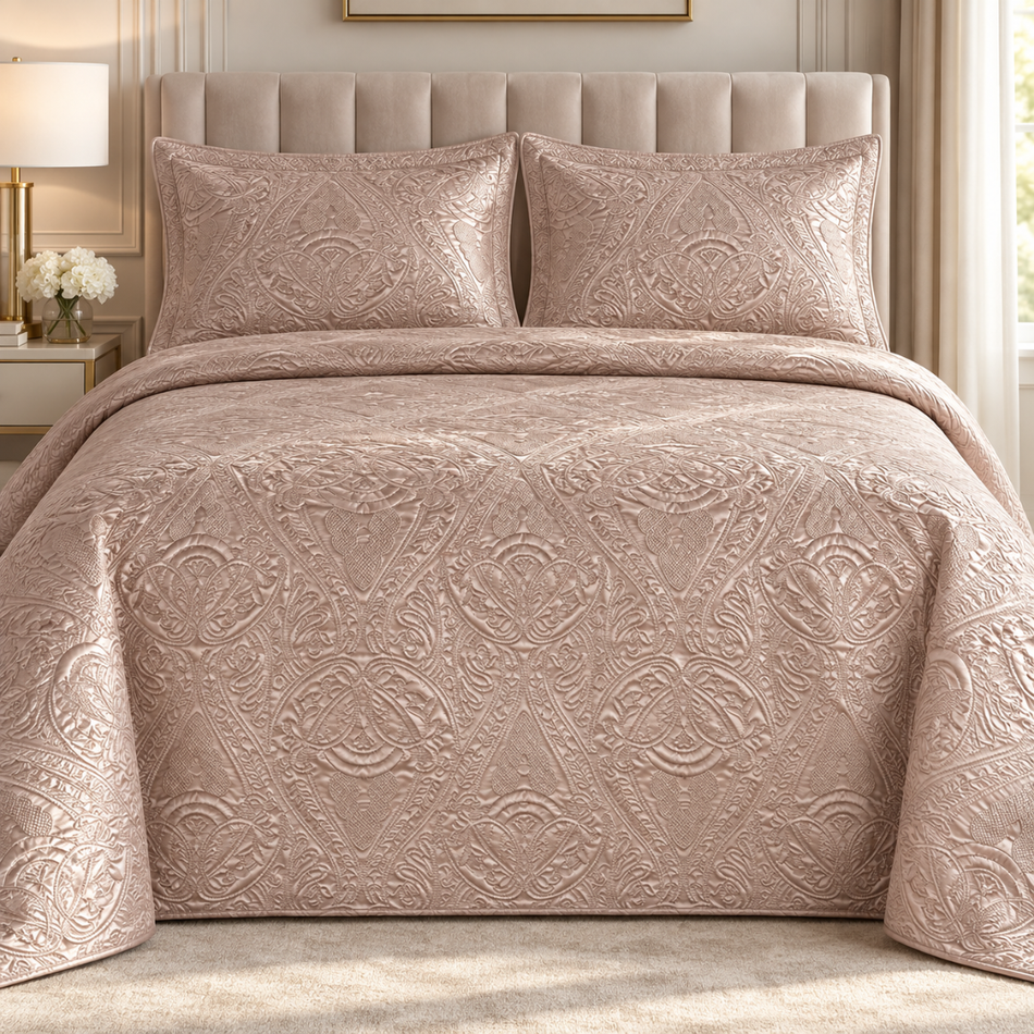 Glossy Paisley Bedspread Set with 2 Pillow Shams 250 x 230cm Dusty Pink