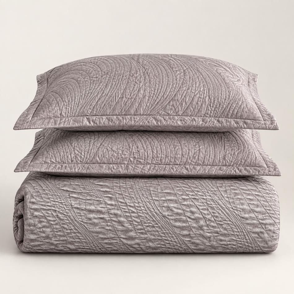 Glossy Wave Bedspread Set with 2 Pillow Shams 260 x 220cm Grey and Blush