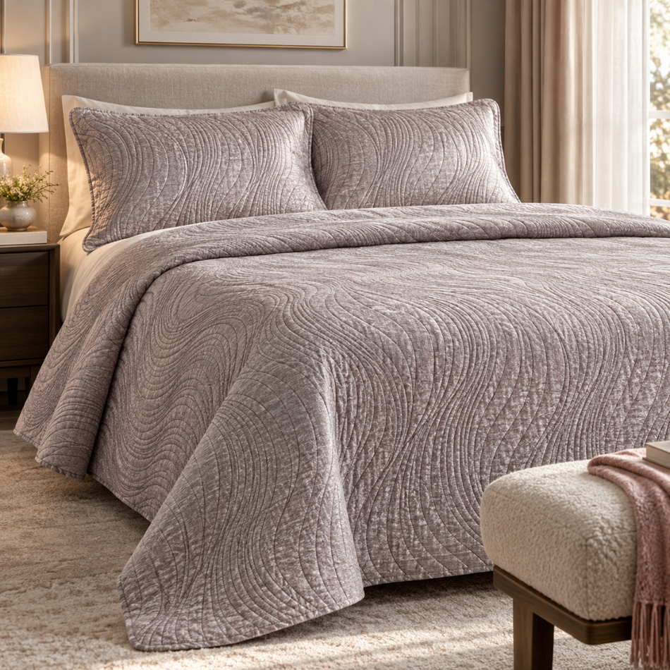 Glossy Wave Bedspread Set with 2 Pillow Shams 260 x 220cm Grey and Blush