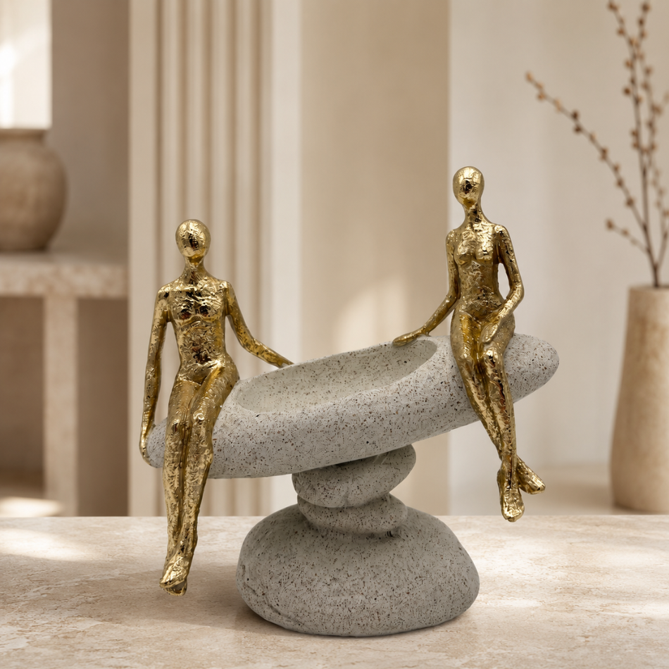 Gold Couple on Pedestal Bowl Sculpture 21cm – Two Figures Ornament