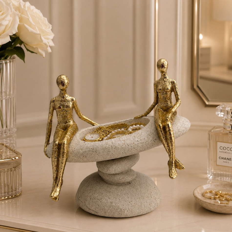 Gold Couple on Pedestal Bowl Sculpture 21cm – Two Figures Ornament